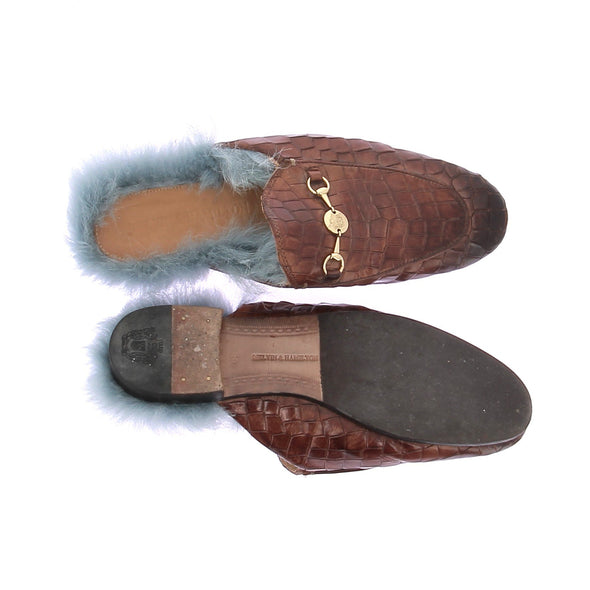 Mules "Scarlett 10" marron entourées de fourrure bleue