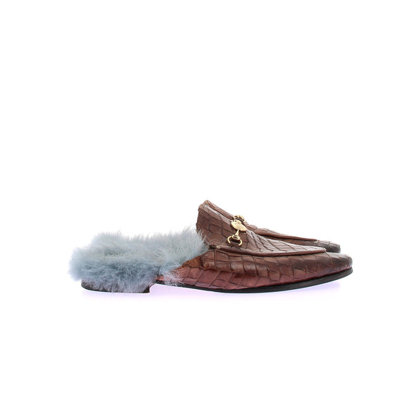 Mules "Scarlett 10" marron entourées de fourrure bleue