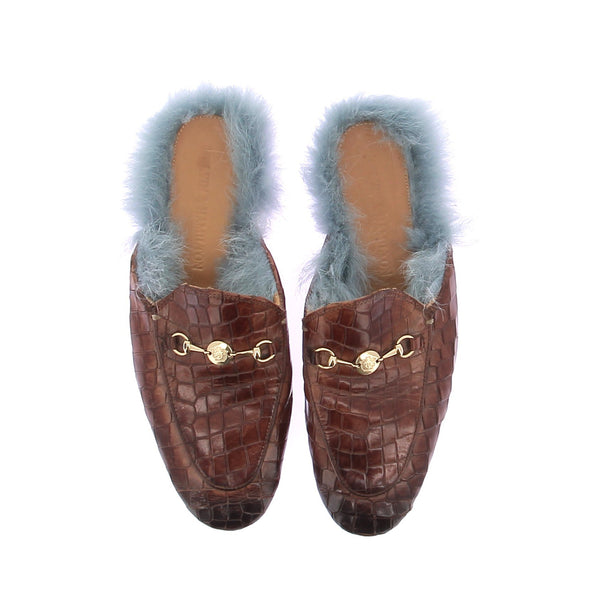 Mules "Scarlett 10" marron entourées de fourrure bleue