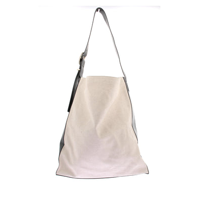 Maxi cabas en cuir noir et toile écrue