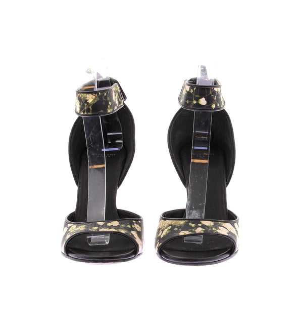 Sandales à talons en cuir noir et motif fleuri