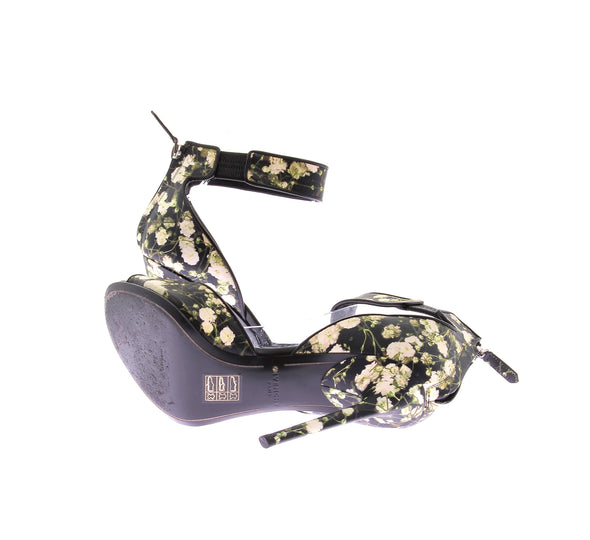 Sandales à talons en cuir noir et motif fleuri