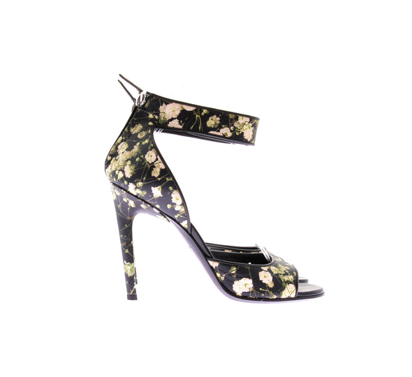 Sandales à talons en cuir noir et motif fleuri