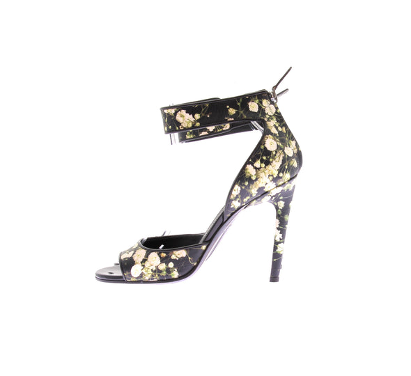 Sandales à talons en cuir noir et motif fleuri