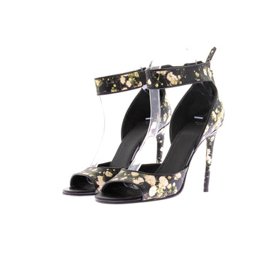 Sandales à talons en cuir noir et motif fleuri