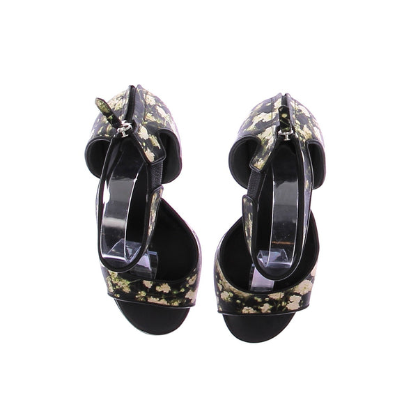Sandales à talons en cuir noir et motif fleuri