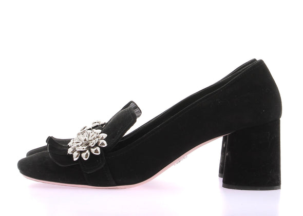 Mules noires en daim avec fleurs