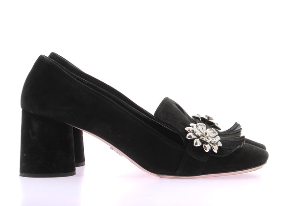 Mules noires en daim avec fleurs