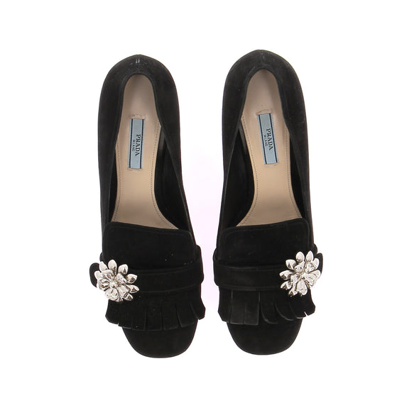 Mules noires en daim avec fleurs