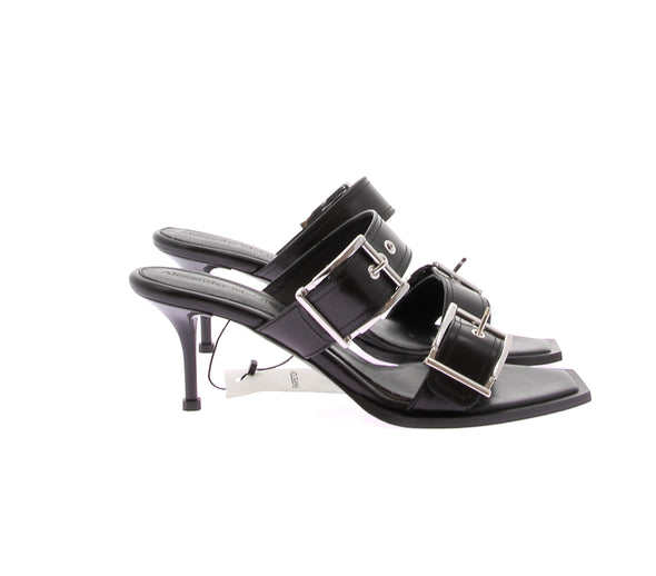 Mules à talons en cuir noir "Boxcar Silver"