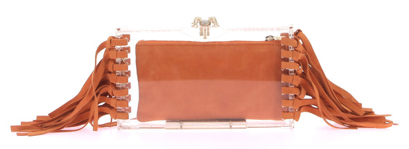 Pochette transparente et orange "Pandora" avec bords frangés