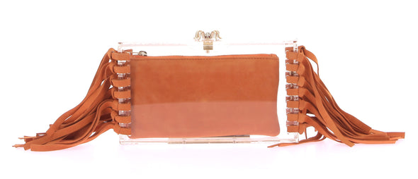 Pochette transparente et orange "Pandora" avec bords frangés