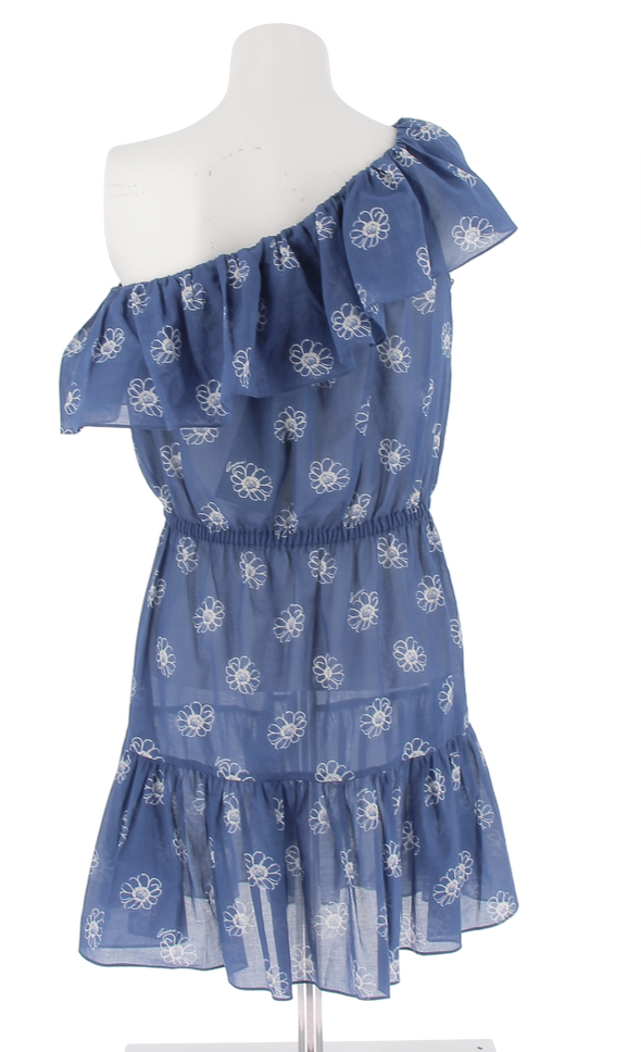 Robe bleue asymétrique à fleurs