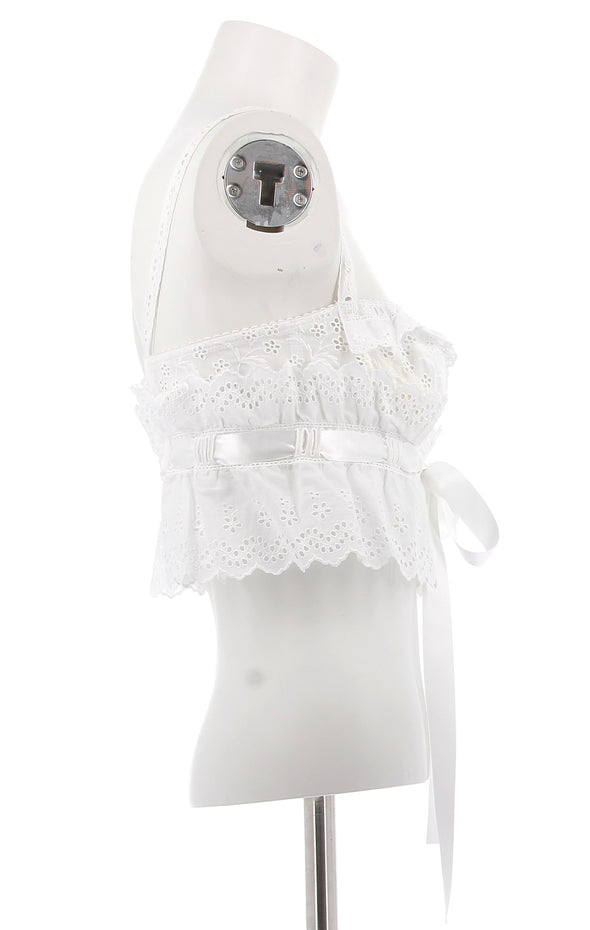 Top blanc à volants en dentelle