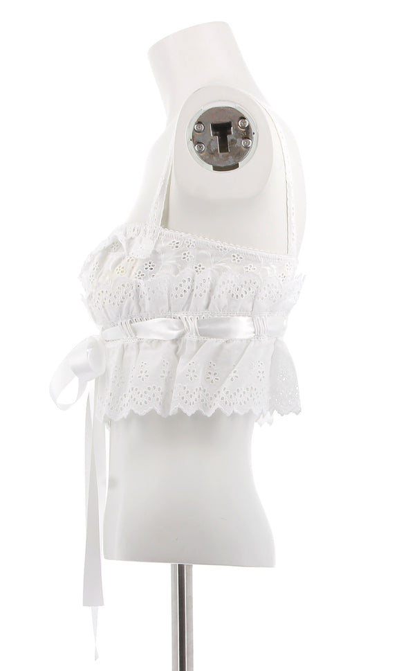 Top blanc à volants en dentelle