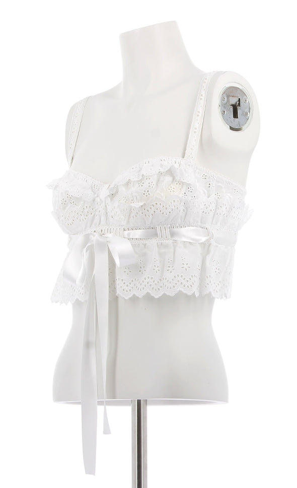 Top blanc à volants en dentelle