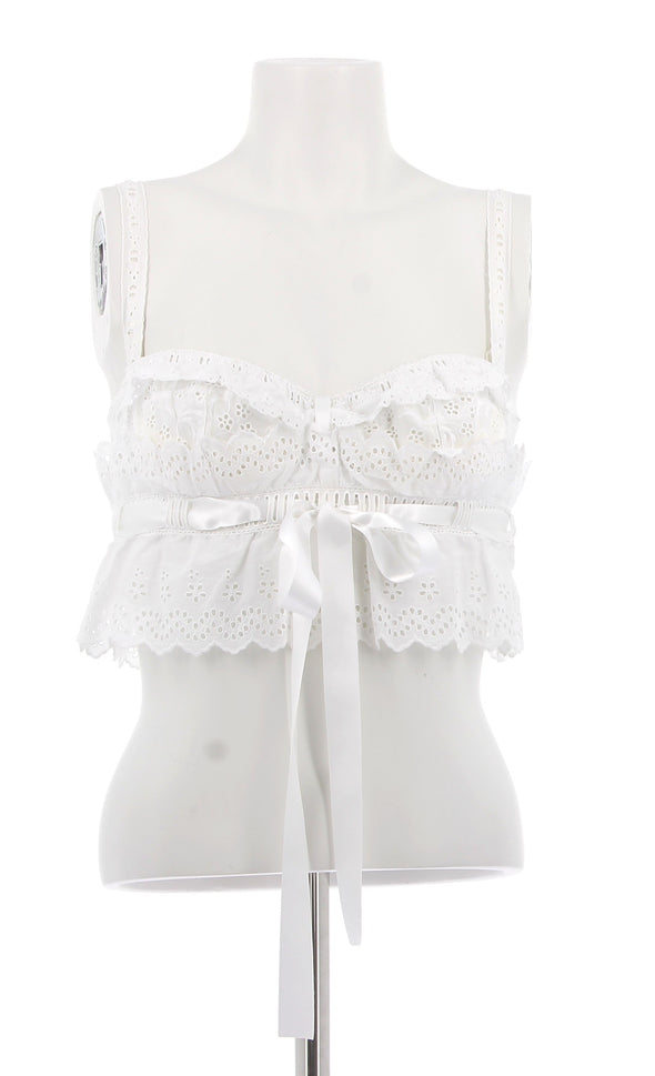 Top blanc à volants en dentelle