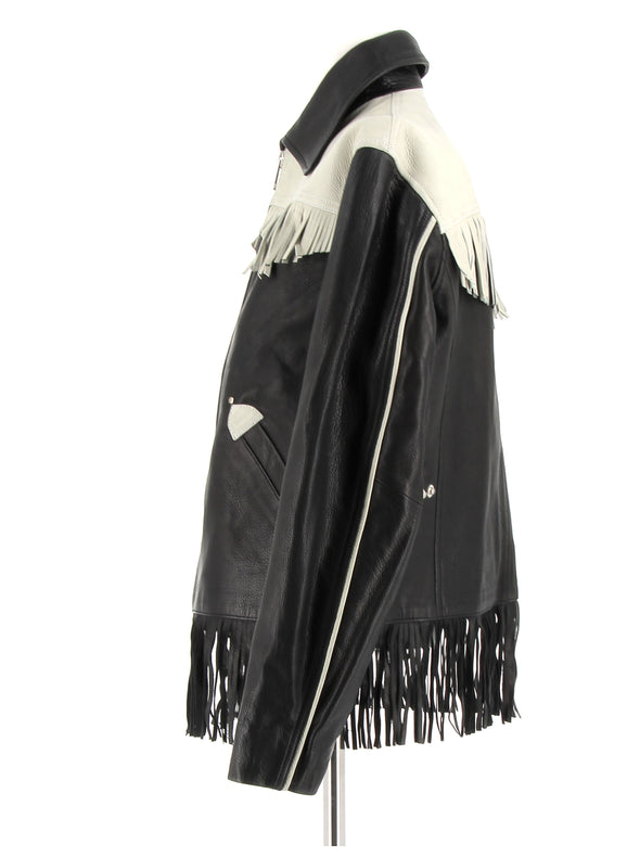 Blouson bicolore en cuir à franges